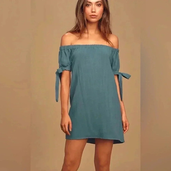 LuLu’s Al Fresco Evenings Slate Blue Off The Shoulder Mini Dress Size S EUC!! - Picture 7 of 11